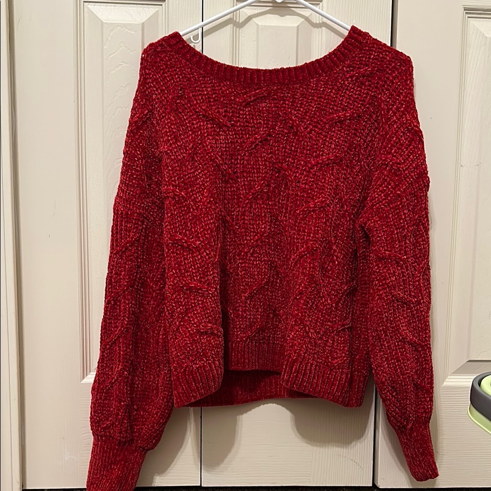 Pink Rose Red Crew Neck Sweater with Cozy Knit Texture